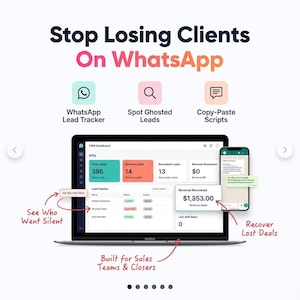May include: A digital marketing graphic titled Stop Losing Clients On WhatsApp featuring a laptop displaying a CRM dashboard with lead tracking metrics, ghosted lead identification, and revenue recovery data, alongside a smartphone showing chat messages.
