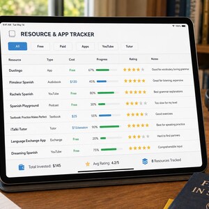 Planilha de acompanhamento do progresso na aprendizagem de idiomas, planejador de cronograma de estudos, registro de vocabulário, rastreador de metas de fluência (Excel, Planilhas Google, aplicativo complementar do Duolingo) imagem 3