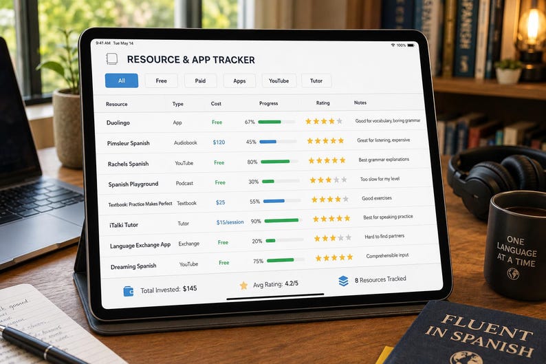 Planilha de acompanhamento do progresso na aprendizagem de idiomas, planejador de cronograma de estudos, registro de vocabulário, rastreador de metas de fluência (Excel, Planilhas Google, aplicativo complementar do Duolingo) imagem 3
