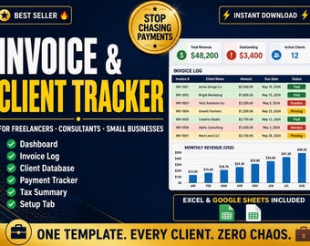 Modello Excel per il monitoraggio delle fatture - Foglio di calcolo per la contabilità e la registrazione dei pagamenti dei clienti per piccole imprese, download immediato da Google Sheets
