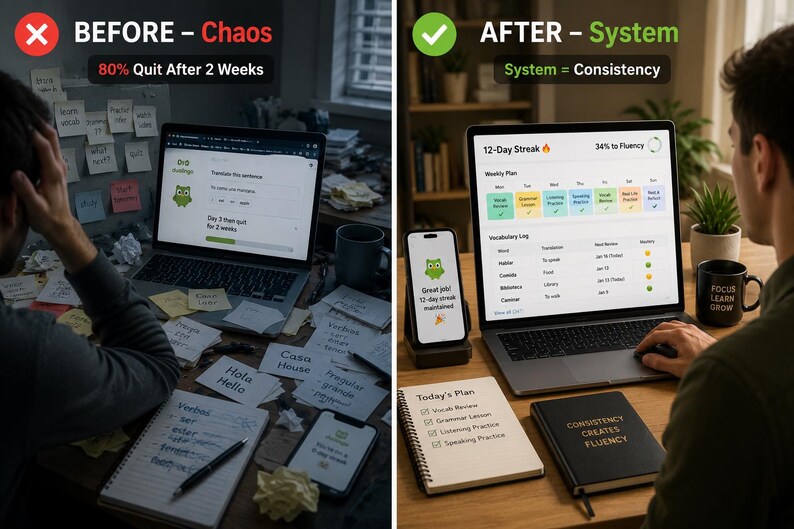 Planilha de acompanhamento do progresso na aprendizagem de idiomas, planejador de cronograma de estudos, registro de vocabulário, rastreador de metas de fluência (Excel, Planilhas Google, aplicativo complementar do Duolingo) imagem 6