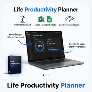 Może przedstawiać: Cyfrowe narzędzie Life Productivity Planner wyświetlone na ekranie laptopa z pulpitem nawigacyjnym Command Center pokazującym wynik życiowy 87%, 21-dniową passę i postęp zadań. Zawiera pudełko z napisem Life Productivity Planner.