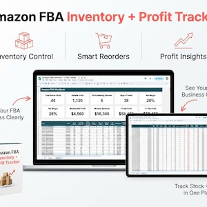 May include: A digital Amazon FBA Inventory + Profit Tracker spreadsheet displayed on a laptop and tablet screen, accompanied by a physical box with the same title. The interface shows data tables for active SKUs, units, and financial metrics.