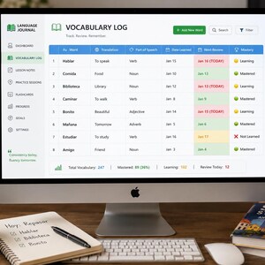 Planilha de acompanhamento do progresso na aprendizagem de idiomas, planejador de cronograma de estudos, registro de vocabulário, rastreador de metas de fluência (Excel, Planilhas Google, aplicativo complementar do Duolingo) imagem 5