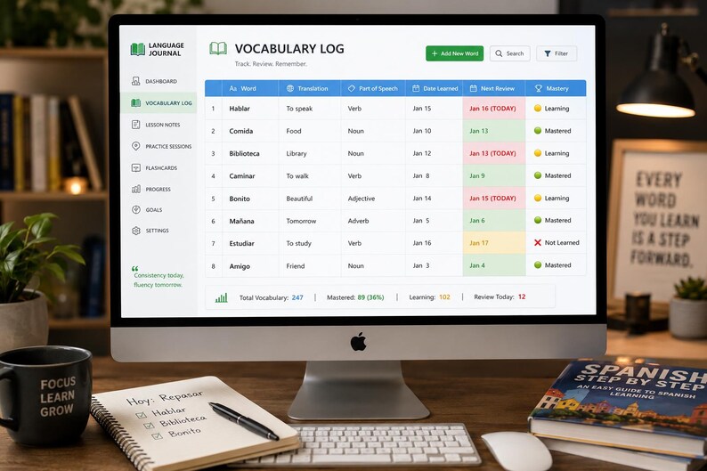 Planilha de acompanhamento do progresso na aprendizagem de idiomas, planejador de cronograma de estudos, registro de vocabulário, rastreador de metas de fluência (Excel, Planilhas Google, aplicativo complementar do Duolingo) imagem 5