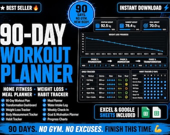 Agenda di allenamento di 90 giorni / Monitoraggio fitness a casa, perdita di peso, monitoraggio delle abitudini, pianificazione dei pasti, trasformazione senza palestra, modello Excel/Fogli Google