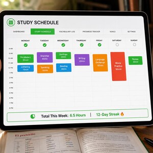 Planilha de acompanhamento do progresso na aprendizagem de idiomas, planejador de cronograma de estudos, registro de vocabulário, rastreador de metas de fluência (Excel, Planilhas Google, aplicativo complementar do Duolingo) imagem 4