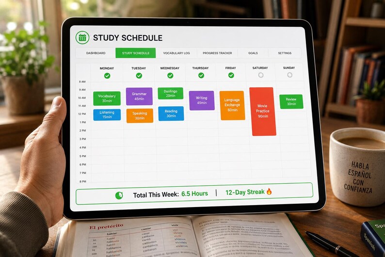 Planilha de acompanhamento do progresso na aprendizagem de idiomas, planejador de cronograma de estudos, registro de vocabulário, rastreador de metas de fluência (Excel, Planilhas Google, aplicativo complementar do Duolingo) imagem 4