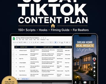 Piano editoriale per TikTok per agenti immobiliari / Script di 30 giorni, spunti e guida alle riprese (download digitale)