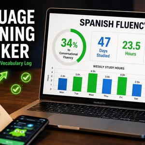 Monitorowanie postępów w nauce języka, Planer nauki, Dziennik słownictwa, Monitorowanie celów płynności w programie Excel, Arkusze Google, Duolingo Companion