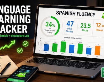 Strumento per il monitoraggio dei progressi nell'apprendimento delle lingue, pianificatore del programma di studio, registro del vocabolario, strumento per il monitoraggio degli obiettivi di fluidità (Excel, Fogli Google, Duolingo Companion).