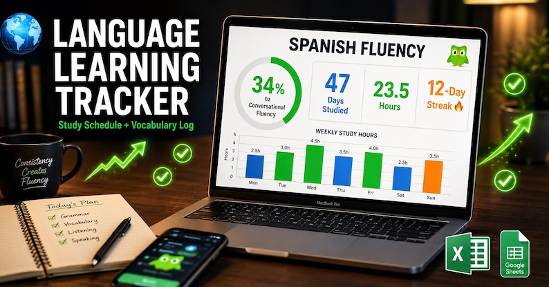 Planilha de acompanhamento do progresso na aprendizagem de idiomas, planejador de cronograma de estudos, registro de vocabulário, rastreador de metas de fluência (Excel, Planilhas Google, aplicativo complementar do Duolingo) imagem 1