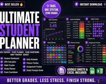 Agenda per studenti su Google Sheets / Monitoraggio del GPA, pianificazione dello studio, monitoraggio delle abitudini, budget, conto alla rovescia per gli esami, modello per studenti universitari con download immediato