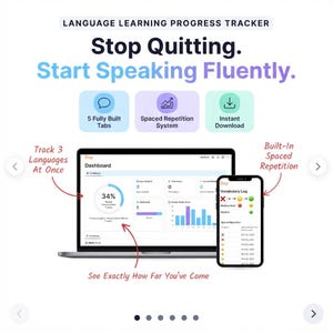 May include: A digital language learning progress tracker displayed on a laptop and smartphone. Text reads: Language Learning Progress Tracker, Stop Quitting. Start Speaking Fluently. Features include 5 Fully Built Tabs, Spaced Repetition System, and Instant Download. The dashboard shows a 34% progress circle, study hours, and a vocabulary log.
