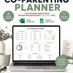 May include: A laptop displaying a co-parenting planner with shared calendars, expense tracking, and contact information. The screen shows a schedule and monthly overview. Text includes "Instant Download" and "Excel Compatible."