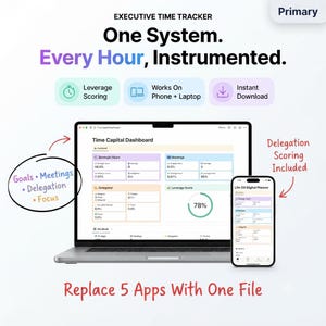 May include: A digital executive time tracker system displayed on a laptop and smartphone screen. The interface features a Time Capital Dashboard with sections for strategic hours, meetings, delegation, and leverage scoring. Text includes One System. Every Hour, Instrumented. and Replace 5 Apps With One File.