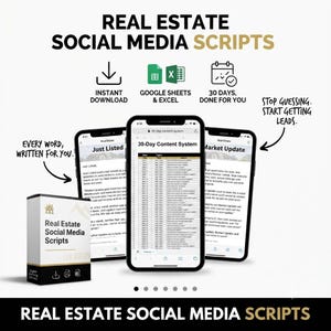 Puede incluir: Producto digital Real Estate Social Media Scripts con una caja y tres teléfonos inteligentes que muestran un sistema de contenido de 30 días, iconos de Google Sheets, Excel y descarga instantánea con el texto: Every word written for you y Stop guessing. Start getting leads.