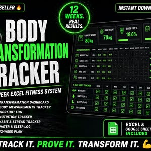 12 veckors kroppstransformationsspårare | Fitnessplanerare | Träningslogg Google Sheets Excel | Viktminskningsframstegsspårare