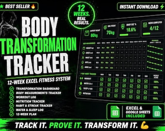 Strumento di monitoraggio della trasformazione corporea in 12 settimane / Foglio di calcolo per la pianificazione del fitness / Registro degli allenamenti in Fogli Google Excel / Strumento di monitoraggio dei progressi nella perdita di peso