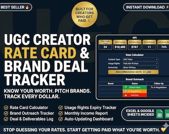UGC Creator Rate Card & Brand Deal Tracker | Excel Google Sheets | Brand Outreach Tracker | Usage Rights Tracker | Creator Income Dashboard