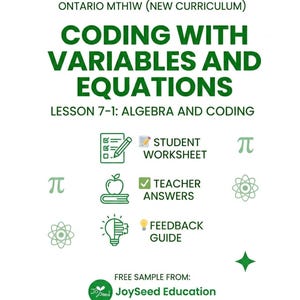 May include: A white educational resource with green text that reads "CODING WITH VARIABLES AND EQUATIONS." Includes icons for student worksheet, teacher answers, and feedback guide. The text "JoSeed Education" is also visible.