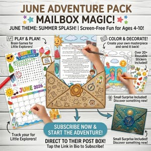 May include: A June Adventure Pack Mailbox Magic kit featuring a summer-themed activity set with a word search, a June 2026 calendar, a letter, coloring pages, and reusable stickers. The kit includes a decorative envelope with a wax seal design.