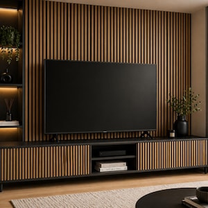 May include: A modern entertainment center with a large black television. The unit features a black base with vertical wood paneling and a matching wall panel. Shelves and decorative items are visible.