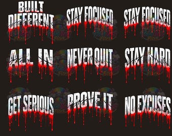 Paquete de imágenes PNG motivacionales, diseños de camisetas motivacionales para el gimnasio, imágenes PNG con frases sobre fitness, disciplina y cero excusas, archivos de sublimación para entrenamientos.