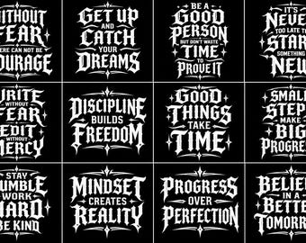 Paquete de imágenes PNG con frases motivacionales góticas, 12 diseños en letra gótica, gráficos inspiradores para camisetas, tipografía oscura.