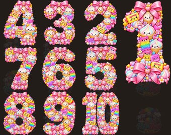 Paquete de imágenes PNG de postres kawaii, imágenes prediseñadas de dulces adorables, caramelos arcoíris con lazo rosa, diseños de sublimación en tonos pastel (descarga digital)