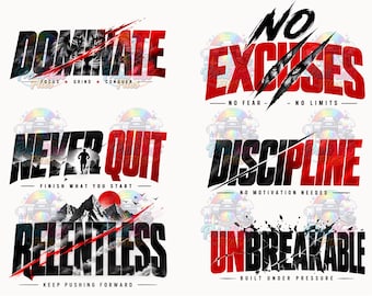 Paquete de imágenes PNG motivacionales para fitness, tipografía de gimnasio, descarga para sublimación.