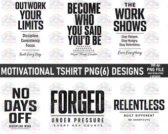 Paquete de imágenes PNG de camisetas motivacionales, tipografía de gimnasio, diseño urbano, cita de fitness, impresión DTF, uso comercial.
