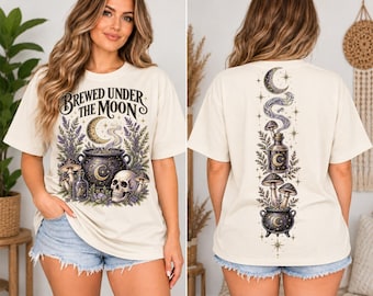 Paquete de 12 diseños de camisetas de brujas, estilo Dark Academia PNG, hierbas silvestres y magia oscura, luna celestial, calavera, parte delantera y trasera, sublimación.