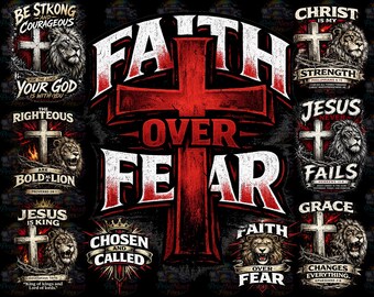 Paquete de imágenes PNG cristianas / Fe sobre el miedo, diseños de Jesús con la cruz del león (descarga digital)