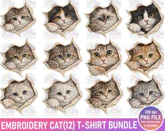 Paquete de imágenes PNG de gato asomándose con estilo de bordado / Imágenes prediseñadas con efecto de costura simulada (descarga digital)