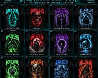 Lote de camisetas de terror gótico, 12 camisetas de la Parca, colección de camisetas gráficas de estilo streetwear oscuro, camisetas extragrandes con calaveras de esqueletos.