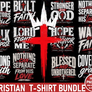 May include: A digital graphic bundle featuring 14 Christian-themed t-shirt designs on a black background. Each design incorporates white and red typography with religious motifs like crosses, anchors, and hearts. A large red cross with a white crown overlay sits centrally over the collection of inspirational quotes.