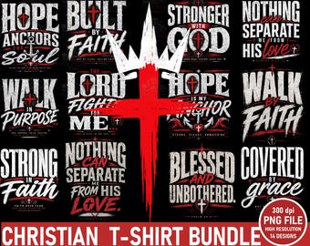 Paquete de diseños de camisetas cristianas: Ropa con estilo desgastado (14 archivos PNG)