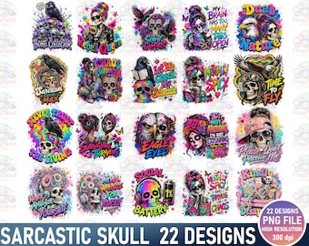 Paquete PNG de esqueletos sarcásticos: 22 diseños divertidos de calaveras antisociales (descarga digital)