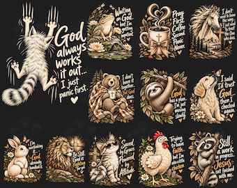 Paquete de imágenes PNG de animales cristianos, diseños divertidos para camisetas con temática religiosa (descarga digital)