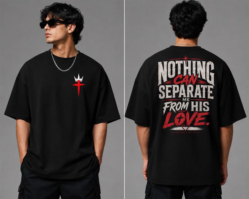 May include: A black short-sleeve t-shirt featuring a small white crown and red cross graphic on the front left chest. The back displays the text "NOTHING CAN SEPARATE ME FROM HIS LOVE" in large white and red lettering with a small heart icon.