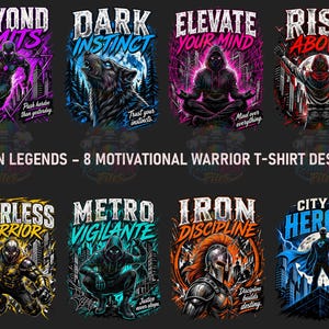 May include: Eight graphic t-shirt designs titled Urban Legends featuring motivational themes. Illustrations include a running figure, a wolf, a meditating person, a hero rising, a warrior, a vigilante, a gladiator, and a caped hero in a city.
