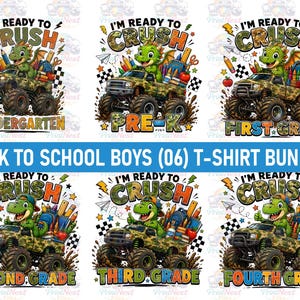 May include: A digital graphic bundle featuring six illustrations of a green dinosaur driving a camouflage monster truck loaded with school supplies. Each design includes the text I'M READY TO CRUSH followed by Kindergarten, Pre-K, First, Second, Third, or Fourth Grade.