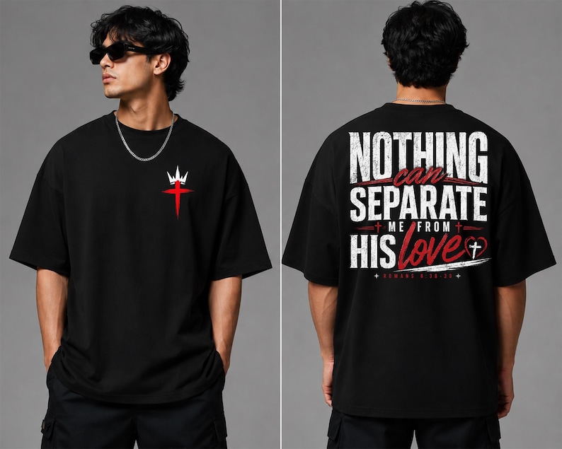 May include: A black short-sleeve t-shirt featuring a small red cross and white crown graphic on the front chest. The back displays the white and red text "NOTHING CAN SEPARATE ME FROM HIS love" with a small cross inside a heart and "ROMANS 8:38-39".