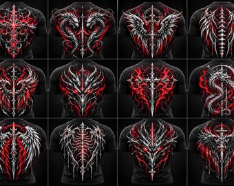 Paquete de imágenes PNG de dragones góticos, diseños de camisetas de fantasía oscura, arte de dragones en PNG, sublimación de alas de ángel, gráficos de ropa urbana alternativa.
