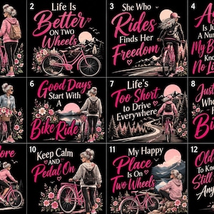 May include: A collection of twelve graphic designs featuring illustrations of people with bicycles, floral accents, and motivational text in pink and white on a black background. Each square panel displays a unique scene with cycling themes.