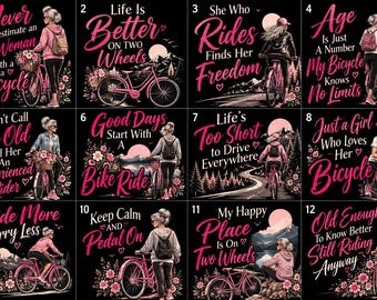Paquete de imágenes PNG de mujeres ciclistas, diseños de ciclistas rosas, frases inspiradoras (descarga digital)