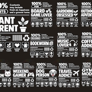 May include: A collection of black and white rectangular labels featuring various themes like Plant Parent, Board Game Lover, Gardening Obsessed, Outdoor Adventurer, Bookworm, Music Lover, Coffee Addict, Cat Person, Weekend Gamer, Dog Person, Travel Addict, and Gym Mode.