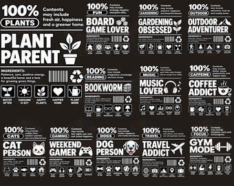 Paquete de imágenes PNG de camisetas con motivos de aficiones: amante de las plantas, ratón de biblioteca, jugador de videojuegos, amante de los perros (descarga digital).