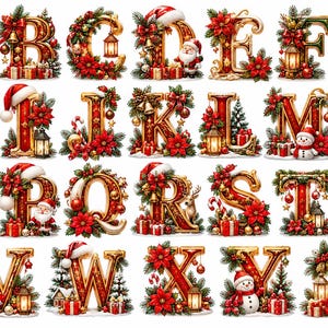 May include: A complete set of twenty-six golden alphabet letters decorated with Christmas elements including red poinsettias, green pine branches, Santa hats, wrapped gift boxes, lanterns, snowmen, and ornaments arranged in a grid.